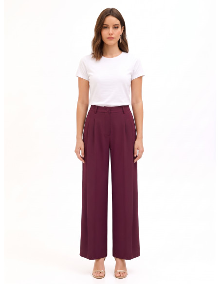 Pantalon palazzo en tissu cadi à deux plis avec bouton assorti Rinascimento - Bordeaux