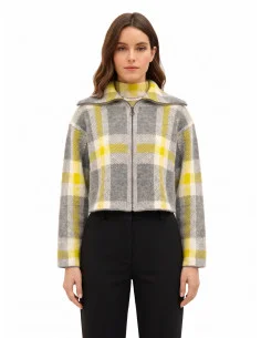 Cropped Oversized Checkered Sweater with Zip Rinascimento - Grey