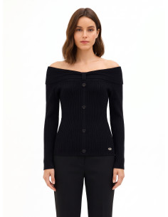 Pull ajusté côtelé à épaules dénudées avec plaque logo Rr Rinascimento - Noir
