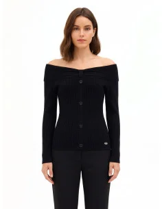 Ribbed Fitted Off-Shoulder Sweater with RR Logo Plaque Rinascimento - Black