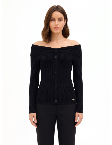 Pull ajusté côtelé à épaules dénudées avec plaque logo Rr Rinascimento - Noir