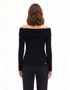 Ribbed Fitted Off-Shoulder Sweater with RR Logo Plaque Rinascimento - Black 2