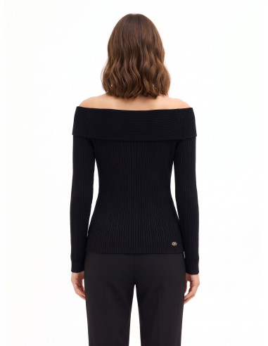 Pull ajusté côtelé à épaules dénudées avec plaque logo Rr Rinascimento - Noir