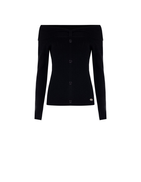 Pull ajusté côtelé à épaules dénudées avec plaque logo Rr Rinascimento - Noir