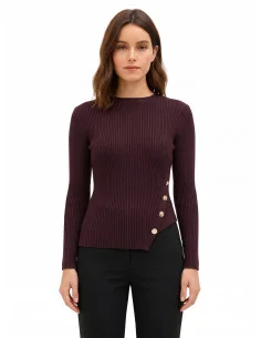 Slim-Fit Asymmetrical Ribbed Sweater with Jewel Buttons Rinascimento - Dark Brown