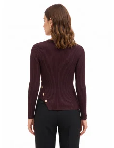 Slim-Fit Asymmetrical Ribbed Sweater with Jewel Buttons Rinascimento - Dark Brown 2