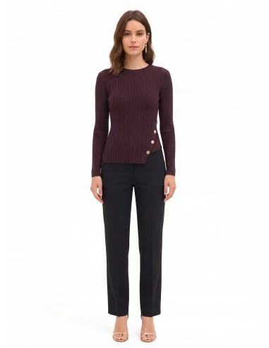 Slim-Fit Asymmetrical Ribbed Sweater with Jewel Buttons Rinascimento - Dark Brown