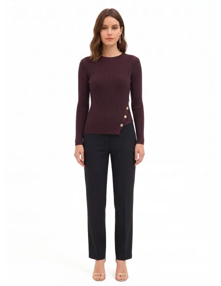 Slim-Fit Asymmetrical Ribbed Sweater with Jewel Buttons Rinascimento - Dark Brown