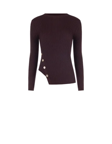 Slim-Fit Asymmetrical Ribbed Sweater with Jewel Buttons Rinascimento - Dark Brown