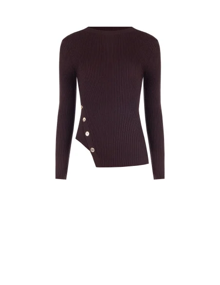 Slim-Fit Asymmetrical Ribbed Sweater with Jewel Buttons Rinascimento - Dark Brown