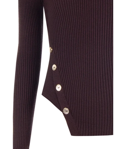 Slim-Fit Asymmetrical Ribbed Sweater with Jewel Buttons Rinascimento - Dark Brown