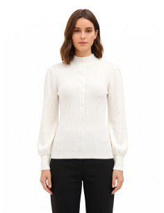Pull à col roulé côtelé avec manches bouffantes et boutons ton sur ton Rinascimento - Blanc crème
