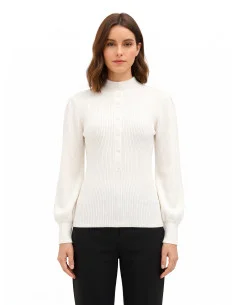 Ribbed Turtleneck Sweater with Puff Sleeves and Tone-on-Tone Buttons Rinascimento - Off-White
