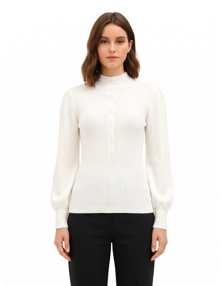 Maglione Dolcevita A Coste Con Maniche A Sbuffo E Bottoni Tono Su Tono Rinascimento - Panna Bianco