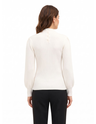 Maglione Dolcevita A Coste Con Maniche A Sbuffo E Bottoni Tono Su Tono Rinascimento - Panna Bianco