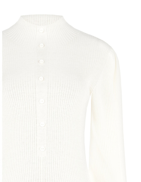 Maglione Dolcevita A Coste Con Maniche A Sbuffo E Bottoni Tono Su Tono Rinascimento - Panna Bianco