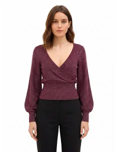 Lurex Yarn Sweater with Crossed V-Neck Rinascimento - Burgundy