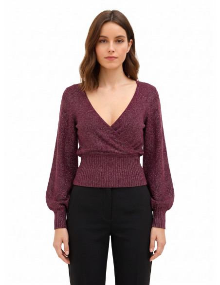 Pull en fil lurex avec décolleté en V croisé Rinascimento - Bordeaux