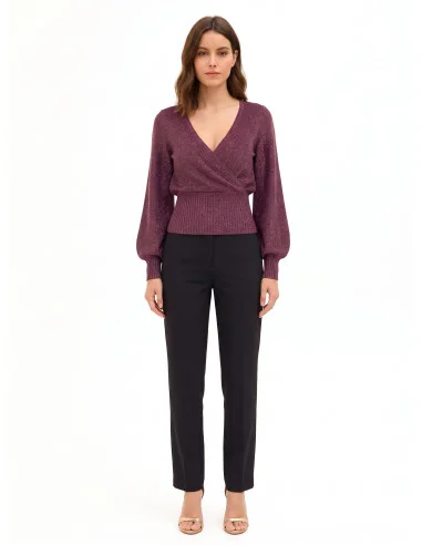 Lurex Yarn Sweater with Crossed V-Neck Rinascimento - Burgundy