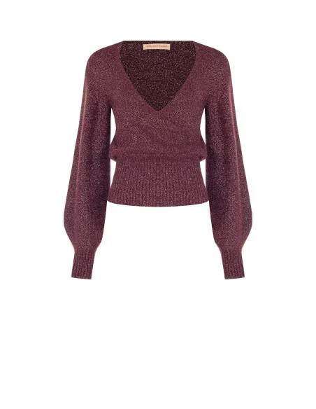 Lurex Yarn Sweater with Crossed V-Neck Rinascimento - Burgundy