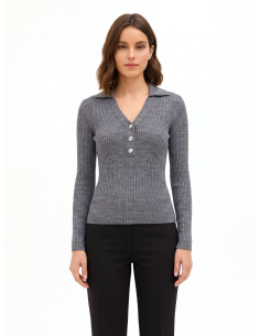 Pull ajusté côtelé à col polo avec boutons bijou Rinascimento