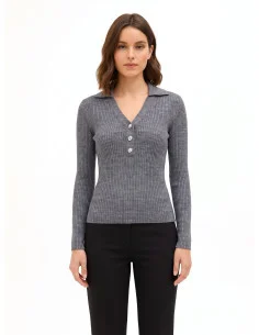 Fitted Ribbed Polo Sweater with Jewel Buttons Rinascimento