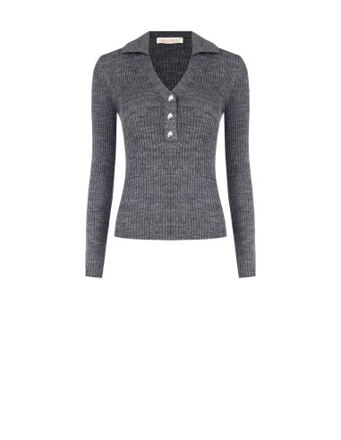 Fitted Ribbed Polo Sweater with Jewel Buttons Rinascimento