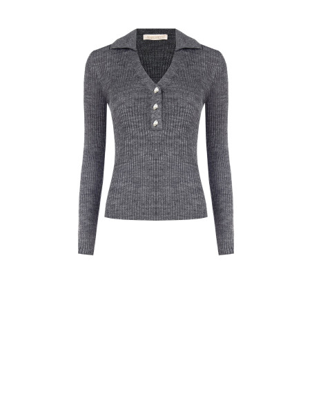 Fitted Ribbed Polo Sweater with Jewel Buttons Rinascimento