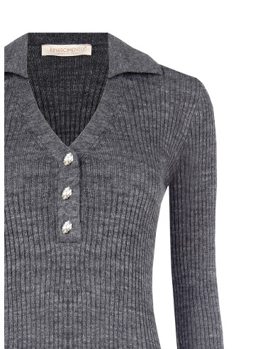 Fitted Ribbed Polo Sweater with Jewel Buttons Rinascimento