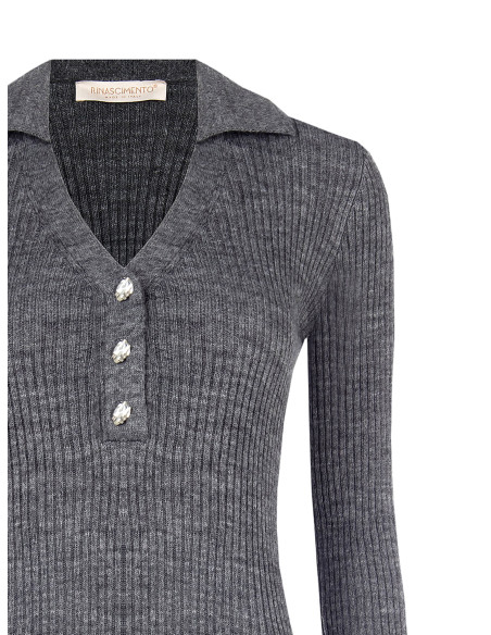 Fitted Ribbed Polo Sweater with Jewel Buttons Rinascimento