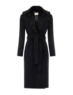 Cappotto Lungo Spolverino In Misto Lana Con Collo In Pelliccia Sintetica Removibile Rinascimento - Nero