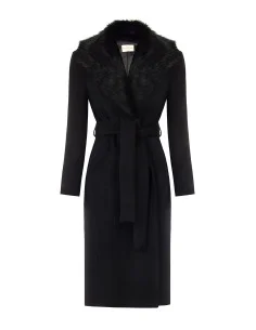 Manteau long en mélange de laine avec col en fausse fourrure amovible Rinascimento - Noir