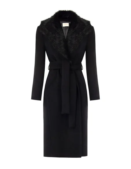 Cappotto Lungo Spolverino In Misto Lana Con Collo In Pelliccia Sintetica Removibile Rinascimento - Nero