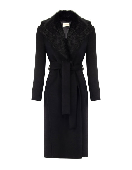 Manteau long en mélange de laine avec col en fausse fourrure amovible Rinascimento - Noir