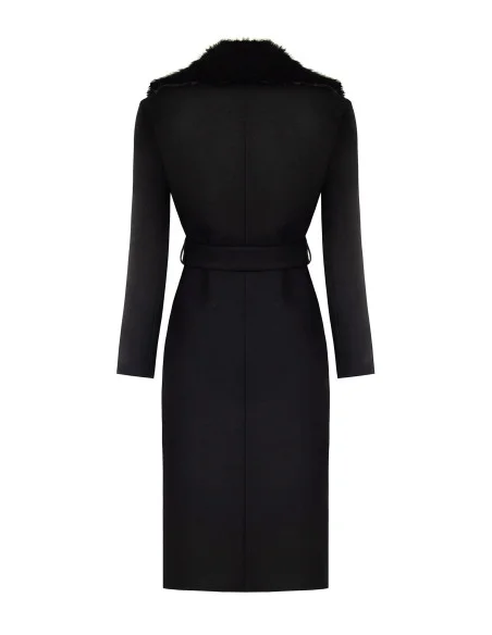 Cappotto Lungo Spolverino In Misto Lana Con Collo In Pelliccia Sintetica Removibile Rinascimento - Nero