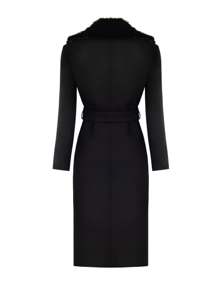 Long Wool-Blend Duster Coat with Removable Faux Fur Collar Rinascimento - Black