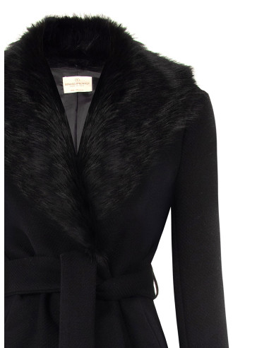 Cappotto Lungo Spolverino In Misto Lana Con Collo In Pelliccia Sintetica Removibile Rinascimento - Nero