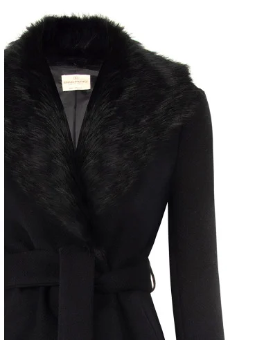 Cappotto Lungo Spolverino In Misto Lana Con Collo In Pelliccia Sintetica Removibile Rinascimento - Nero