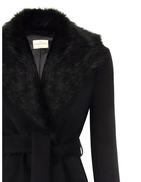 Manteau long en mélange de laine avec col en fausse fourrure amovible Rinascimento - Noir