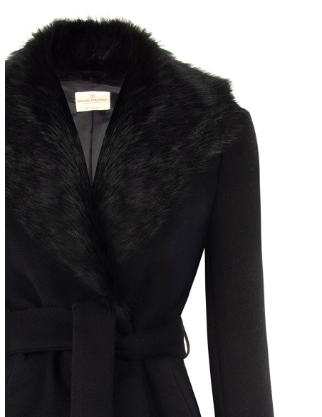 Long Wool-Blend Duster Coat with Removable Faux Fur Collar Rinascimento - Black