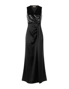 Long dress with sequinned bodice and satin skirt, featuring a cross...