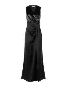 Long Dress with Sequin Bodice and Satin Skirt with Crossed V-Neckline Rinascimento - Black