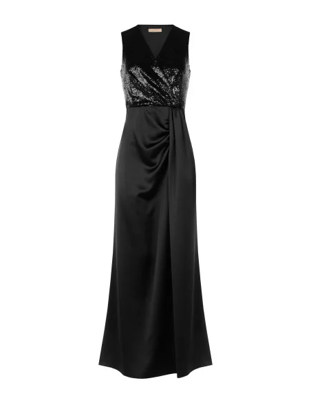 Robe longue avec corsage à paillettes et jupe en satin à décolleté en V croisé Rinascimento - Noir