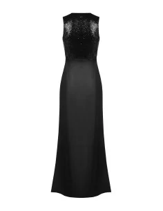 Robe longue avec corsage à paillettes et jupe en satin à décolleté en V croisé Rinascimento - Noir 2