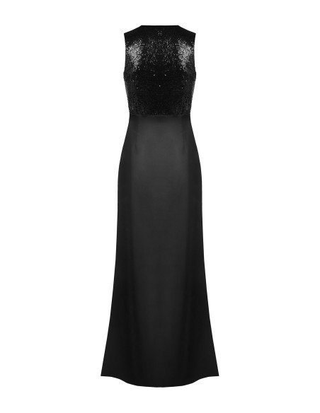 Long dress with sequinned bodice and satin skirt, featuring a cross...