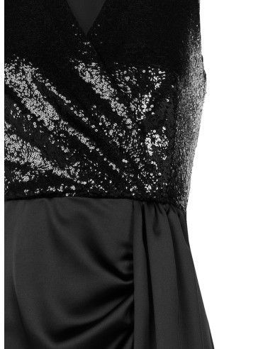 Long dress with sequinned bodice and satin skirt, featuring a cross...