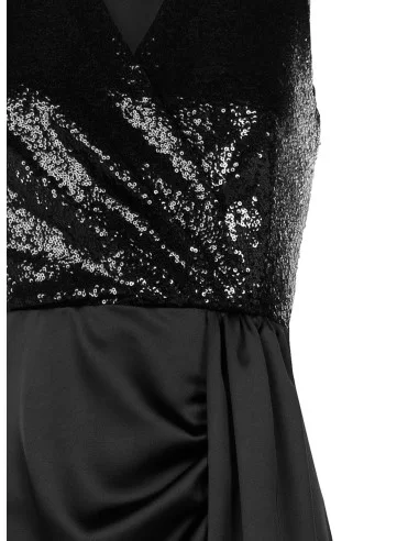 Robe longue avec corsage à paillettes et jupe en satin à décolleté en V croisé Rinascimento - Noir