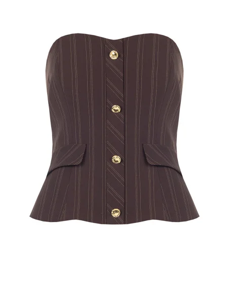 Pinstriped Bandeau Corset Top with Gold Buttons Rinascimento - Dark Brown