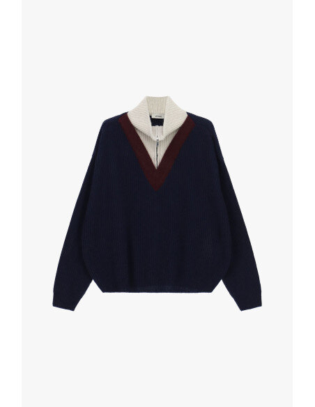 Maglione Girocollo A Costine Con Collo Zip Dixie - Blu