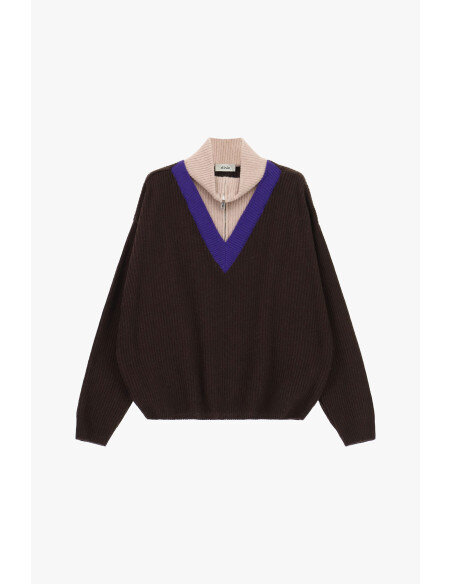 Maglione Girocollo A Costine Con Collo Zip Dixie - Marrone